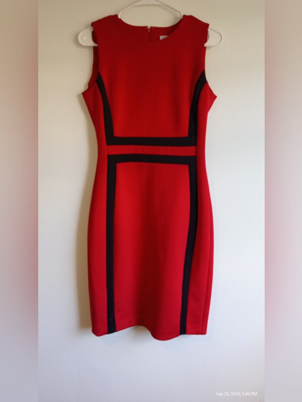 Calvin Klein Red Sleeveless Sheath Dress with Black Trim